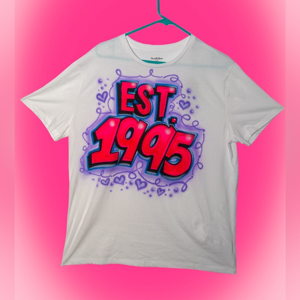 Airbrushed tshirt EST. 1995 pink purple blue